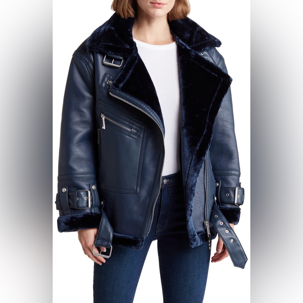 Rebecca Minkoff Faux Leather & Faux Fur Oversized Moto Navy Blue New Tag